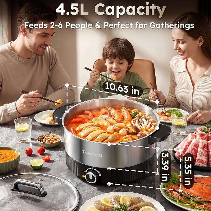 TOPWIT 4.5L Hot Pot Electric, Stainless Steel Electric Pot with Dual Power | 1200W Fast Heating, Electric Hot Pot for Cooking Hotpot, Soup, Pasta, Perfect for Family Dinner & Party, Black