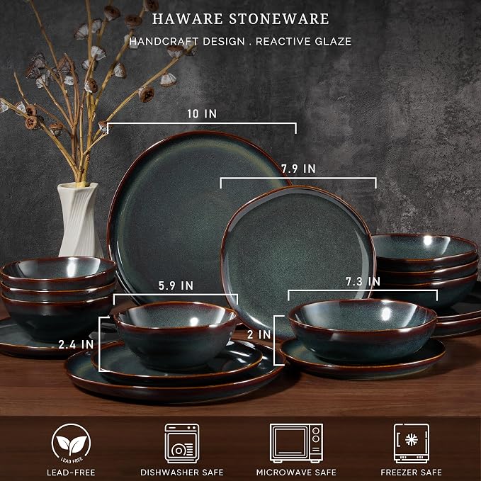 HaWare Plates and Bowls Set, Stoneware Dinnerware Sets, 16-Piece Hand-painted Dishware for 4, Ceramic Dish Set for Home Kitchen, Scratch Resistant, Microwave and Dishwasher Safe, Reactive Moss Green