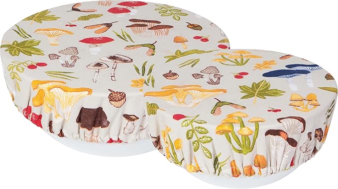 Now Designs Field Mushrooms Save It Reusable Cotton Bowl Covers 7.5 and 9.25 inch, Set of 2