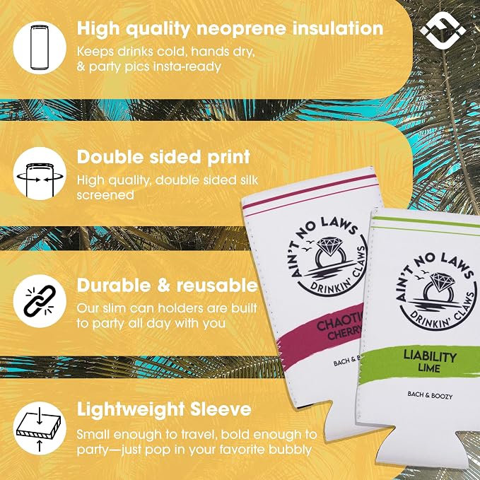 Funky Junque Bachelorette Party Favors Slim Can Cooler, Funny Bridesmaid & Bride Gifts for Girls Trip, Bridal Shower Decorations & Accessories, 12 oz Skinny Can Covers - Ain't No Laws - 7 Pack