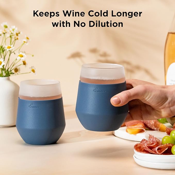 Rabbit Freezable Wine Glass Set of 2 - Insulated Stemless Cooling Glasses with Freezer Gel Packs and Silicone Sleeves, Keeps White Wine & Rosé Cold for Hours, Blue Gift Set