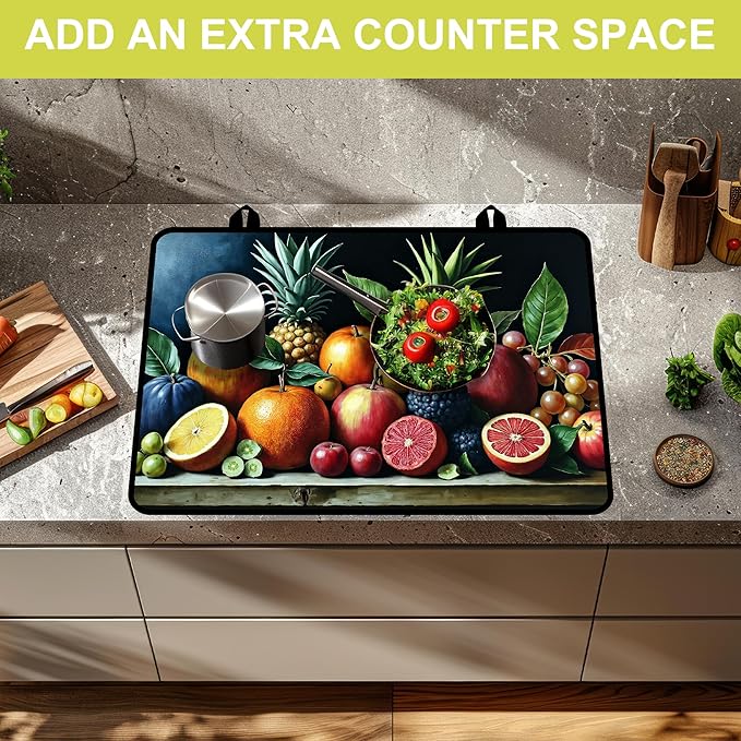 Glass Stove top Cover 28"x 20", Stove Top Covers for Electric Stove, Flat Range Mat for Glass Cooktop, Kitchen Heat-Resistant Protector Non-Slip Drying Mat (Assorted Fruits)