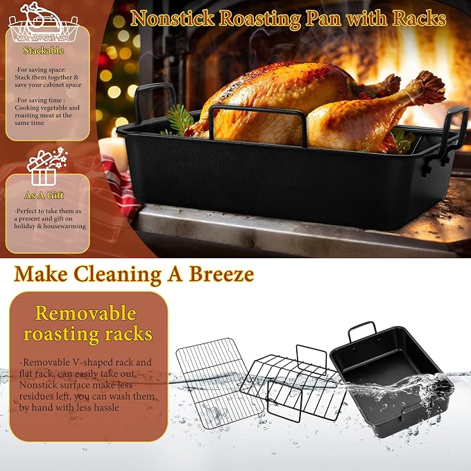 E-far Roasting Pan with Racks, Large Stainless Steel Turkey Roaster with V-Shaped & Cooling Rack for Oven, 16 Inch Nonstick Deep Broiler Pan with Handles for Baking Chicken Lasagna Meat, Heavy Duty