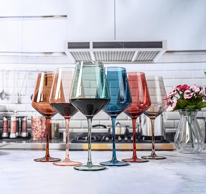 Colored Cordial Glasses Set of 6, 18oz Crystal Unique Fall Drinking Wine Glass Cups with Stem - Luxury Multi Color Glassware Gift Set for Wife & Mom - Colorful Hand Blown Drinkware for Red White Wine.