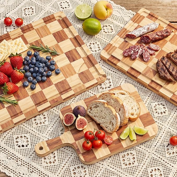 Bamboo Cutting Board Set of 3 for kitchen Checkered End Grain Wood Chopping Boards with Storage Stand & Deeper Juice Grooves | Wooded Butcher Block for Meat, Cheese, Charcuterie & Kitchen Prep