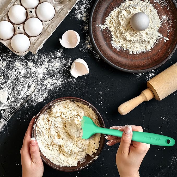 Silicone Spatula 3‑Piece Set Heat Resistant 600°F Non‑Stick Rubber Spatulas with Stainless Steel Core ALLWIN HOUSEWARE Large Spatula, Spoonula & Mini Spatula for Cooking & Baking, Macaron Green