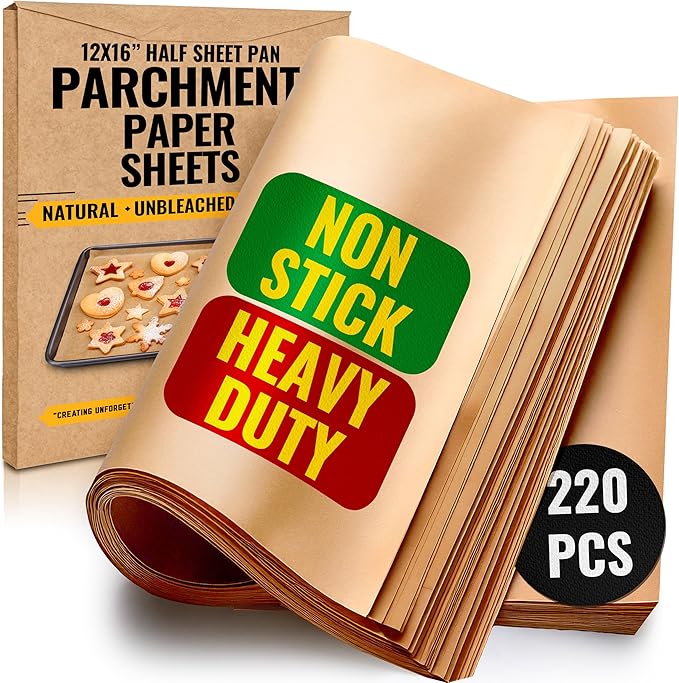 Precut Unbleached Parchment Paper Sheets 12x16 Inches, 220 Pcs by Baker's Signature – Non-Stick Half Sheet Liner – Greaseproof, Will Not Curl or Burn, Non-Toxic up to 450°F