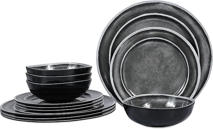 Melamine Dinnerware Sets- 12pcs Melamine Plates and Bowls Set for 4, Suitable for Indoor and Outdoor Use, Black