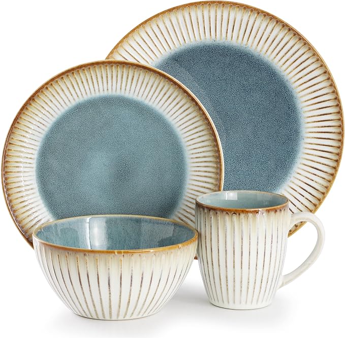 Elama 16 Piece Stonewre Dinnerware/Tableware Set, Service for 4, Textured Design, Color Rim Place Settings (Louann)