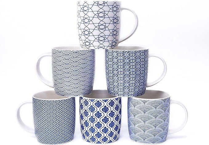 Set of 6 11.5 oz Coffee Mugs with Blue and White Geometric Patterns, Ceramic Tea Cup Set