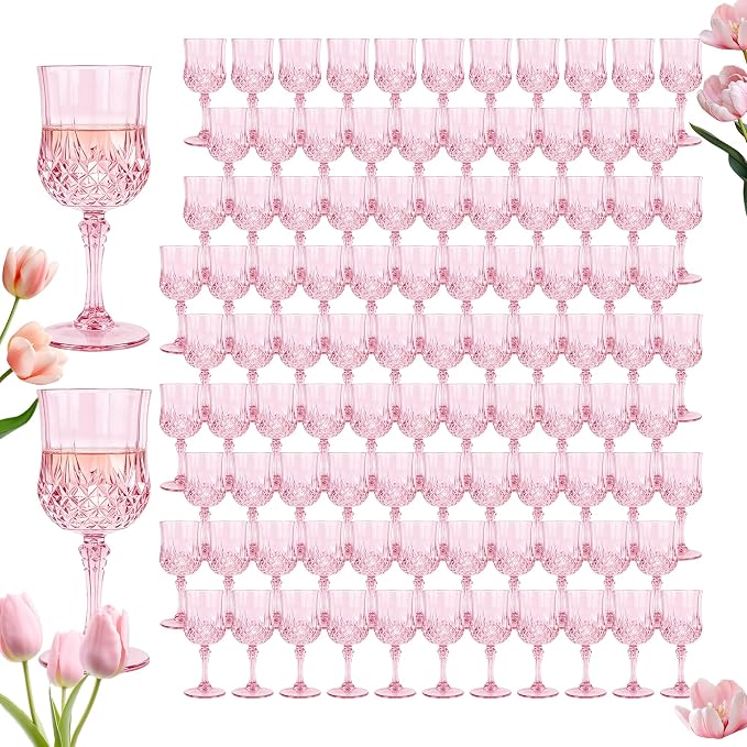 Plastic Wine Glasses, Plastic Goblets Vintage Style Cordial Unbreakable Drinking Glasses, Reusable Drinkware for Wedding Reception, Grand Event Party Supplies (100, Pink)