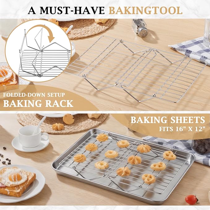 LIANYU Cooling Rack 15"x10" 2 Pack, 2-Tier Stackable & Collapsible Stainless Steel Baking Wire Racks for Cooking, Baking, Roasting and Drying, Oven & Dishwasher Safe, Silver