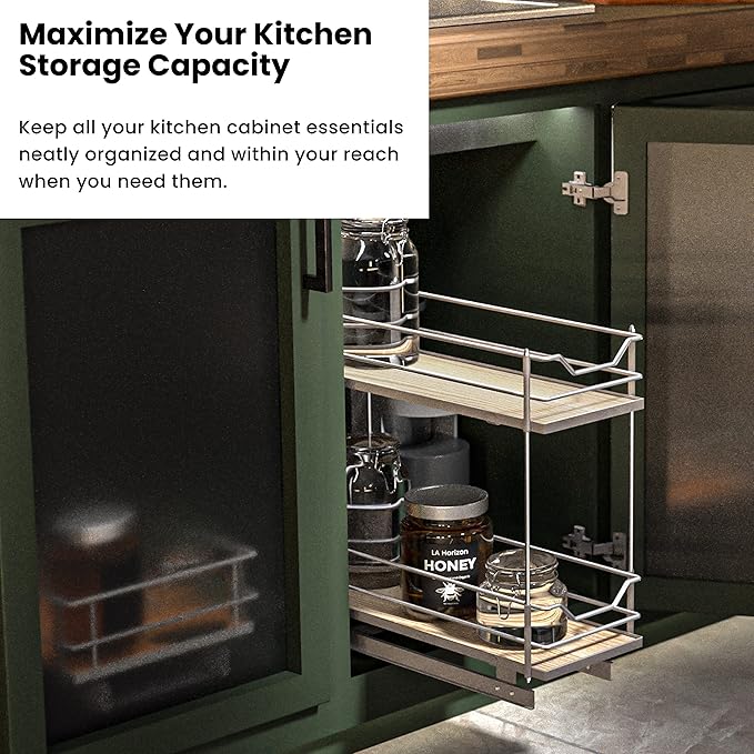 Home Zone Living Pull Out Kitchen Cabinet Organizer with 2 Tiers of Storage for Easy Access, 7.5”W x 20”D, Satin Nickel with Light Brown, Virtuoso Collection