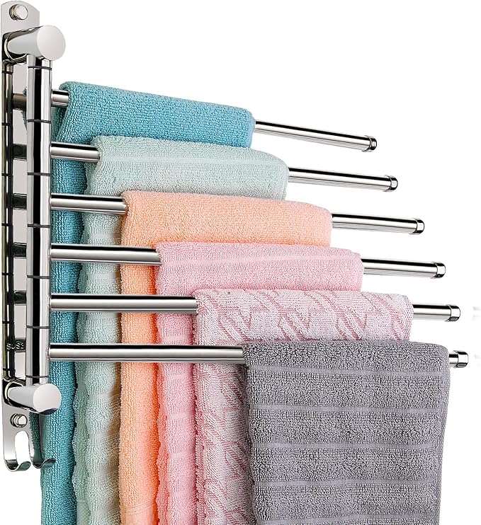 6-Arm Swivel Towel Bar, 180°Rotating Towel Rack Wall Mounted, 304 Stainless Steel Rustproof Heavy Duty Towel Holder for Bathroom Kitchen Laundry Room, Space Saving, Brushed Nickel Finish