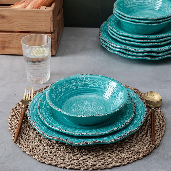 LEHAHA Luxury Thicker but lightweight 100% melamine dinnerware set, set of 4, Unbreakable Farmhouse plates and bowl dishes set, Elegant Scalloped rim dinner serving plate sets. Dishwasher Safe, Teal