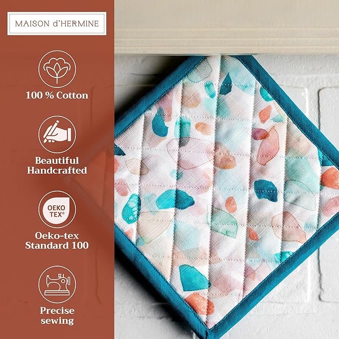 Maison d' Hermine Pot Holders 100% Cotton Heat Resistant Potholders 8" x 8" Hot Pads with Loop BBQ Cooking Baking Gifts for Mothers Day Handling Hot Pans Spring/Summer (Pack of 1, Summer Picnic)