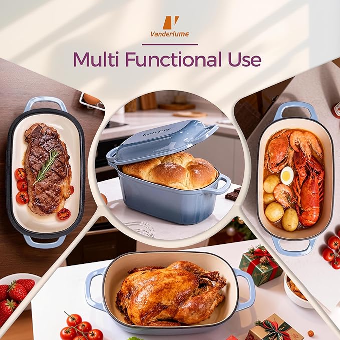 4.6-Quart Oval Dutch Oven for Bread Baking, 2 in 1 Enameled Cast Iron Bread Pan with Lid, Sourdough Baking Pan for a Crispy Crust, Seasalt