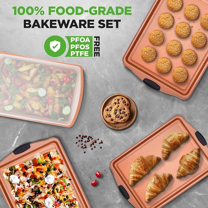 NutriChef 5‑Piece Non‑Stick Bakeware Set – Premium Carbon Steel Baking Pans Set with Silicone Handles, Stackable Oven Pan Set for Cookies, Sheet Cakes, & Roasting