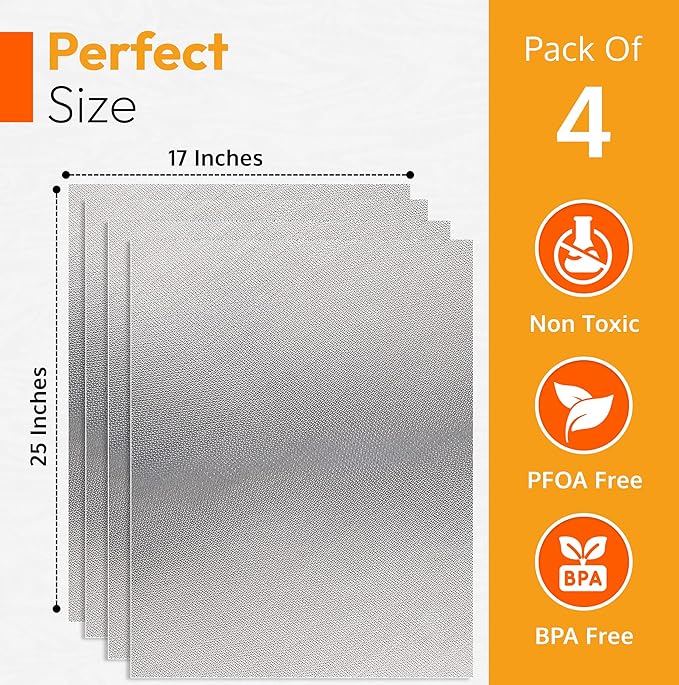 Oven Liners for Bottom of Oven, Silver 17" X 25" - Premium Large Thick Mats, Heavy Duty Liner for Bottom of Electric Range, Gas Range, Microwave, Etc. - Non Stick Teflon Mats (4-pack)