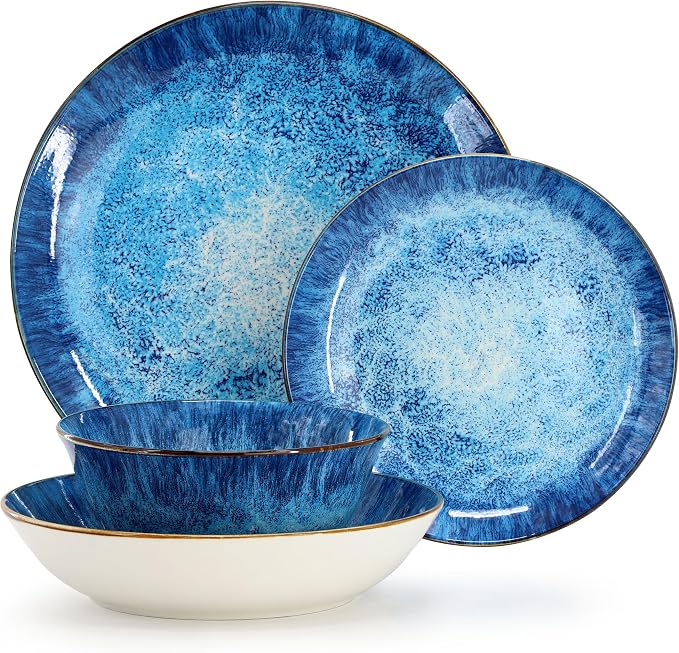 Elama Oceanus 16 Piece Round Shape Porcelain Double Bowl Dinnerware Set, Tableware Set, Table Setting- Service for 4 (Blue)