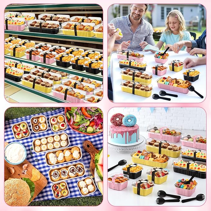 LemonRoad 120 Sets Mini Loaf Pan with Lids and Spoons 6.8oz Rectangular Aluminum Foil Bread Pan 5oz Square Cake Cup with Decal Disposable Baking Supply for Graduate Wedding Birthday (Pink,Gold,Black)