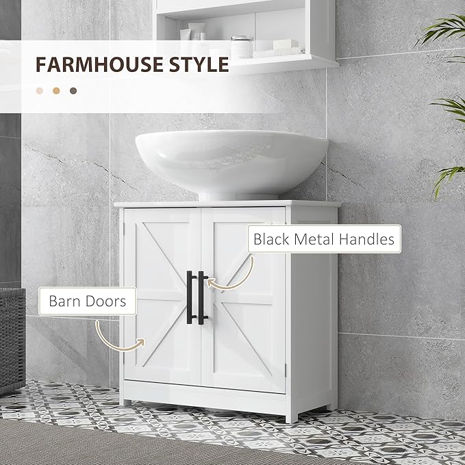 HOMCOM Pedestal Sink Storage Cabinet, Farmhouse Freestanding Bathroom Sink Cabinet with 2 Barn Doors and Adjustable Shelf, White