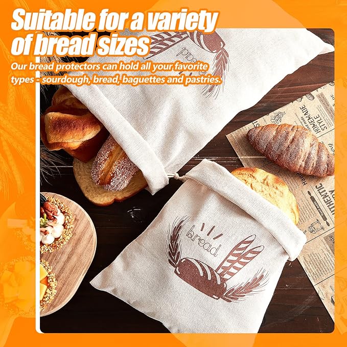 Dunzy 20 Pcs Linen Bread Bag for Homemade Bread Reusable 2 Sizes 10" x 12" and 11" x 17" Unbleached Container Drawstring Natural Bags Storage for Food Baking Kitchen Sandwich Bakery Picnic Wedding