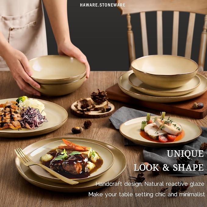 HaWare Plates and Bowls Set, Stoneware Dinnerware Sets, 16-Piece Hand-painted Dishware for 4, Ceramic Dish Set for Home Kitchen, Scratch Resistant, Microwave and Dishwasher Safe, Reactive Sandy Khaki