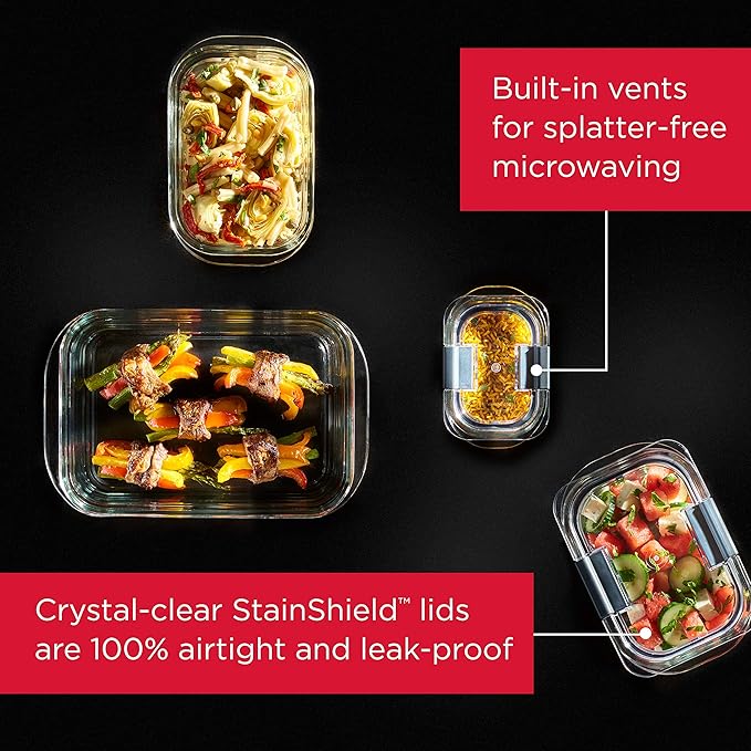 Rubbermaid Brilliance Glass Storage 4.7-Cup Food Containers with Lids, Clear (Pack of 3) & Leak-Proof Brilliance Food Storage Set | 9.6 Cup Plastic Containers