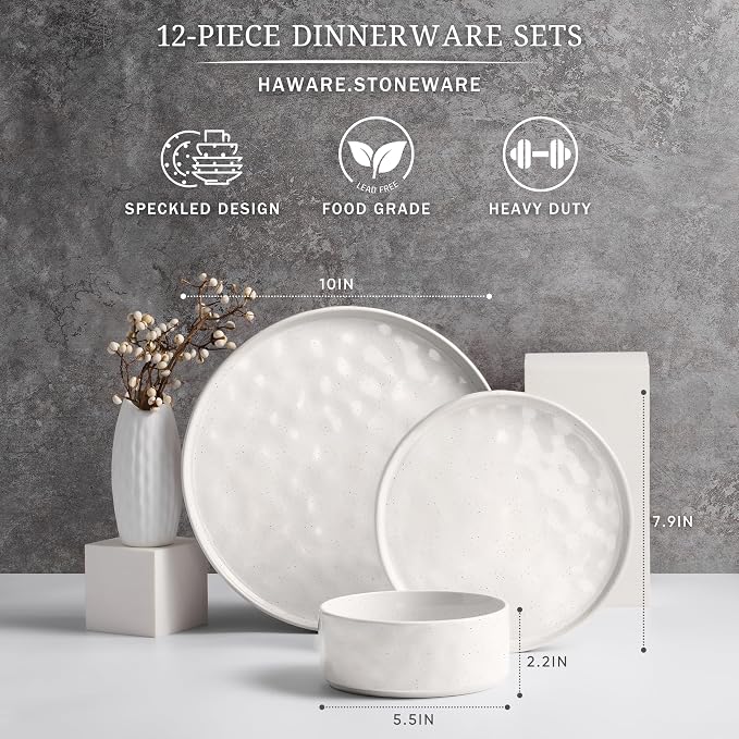 HaWare Dinnerware Sets, 12-Piece Plates and Bowls Set, Stoneware Dish Set for 4, Ceramic Dinnerware for Home Restaurant, Chip and Scratch Resistant, Microwave and Dishwasher Safe, Speckled White