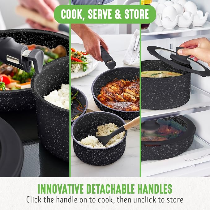 GreenLife 10 Piece Nonstick Pots & Pans Set, Detachable Handle & Stackable Cookware Set, Non Toxic PFAS-Free Skillets, Induction Kitchen Pans, Space Saving, Serving Bowls, Oven Safe, Granite Black