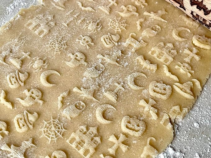 HALLOWEEN Embossing Rolling Pin. Laser Engraved Dough Roller with Pattern - Moon, Owl Spider, Ghost, Pumpkin, Witch. Rolling Pin for Embossing Homemade Halloween Cookies by Algis Crafts