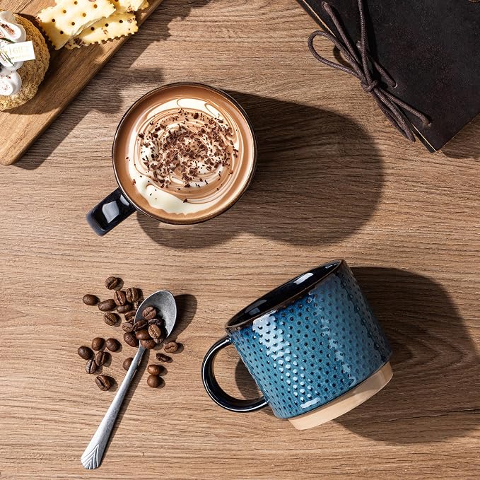GBhome 12 OZ Stackable Coffee Mugs, Ceramic Coffee Mugs with Texture Patterns for Man,Woman,Dad,Mom, Modern Coffee Mugs Set of 4 for Latte/Cappuccino/Cocoa. Dishwasher&Microwave Safe