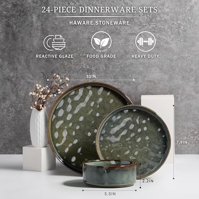 HaWare 24-Piece Dinnerware Set for 8, Reactive Moss Green | Stoneware, Ripple Design, Reactive Glazed, Scratch Resistant, Microwave and Dishwasher Safe