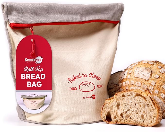 KNEADACE Reusable Bread Bags for Homemade Bread -Stylish Sourdough Bread Storage with Roll-Top Design, 100% Cotton & Food-Safe Lining, Freezer & Refrigerator Friendly, Gift for Bakers (Gray/Cream)