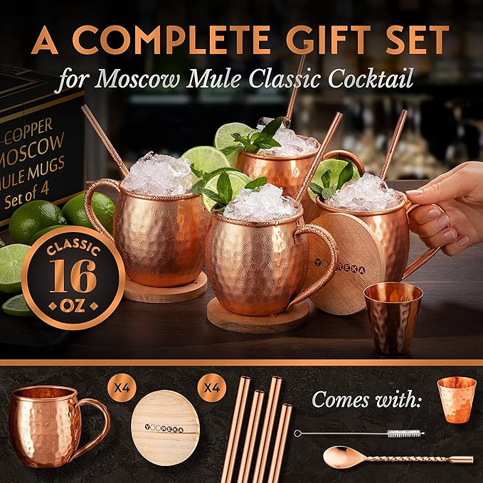 Yooreka Gift Set Moscow Mule Mugs Set Of 4 16 oz Solid Cooper, 100% Pure Copper Cups HANDCRAFTED, BONUS 4 Straws, 4 Wood Coasters, Stirring Spoon, Shot Glass and Cleaning brush (Oval)