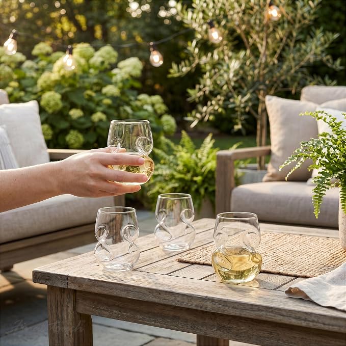Final Touch Conundrum White Wine Glasses - Set of 4 Stemless Handcrafted Glasses - 9 oz Capacity - Sleek Curves for Comfortable Tasting - Dishwasher Safe (GG5008)
