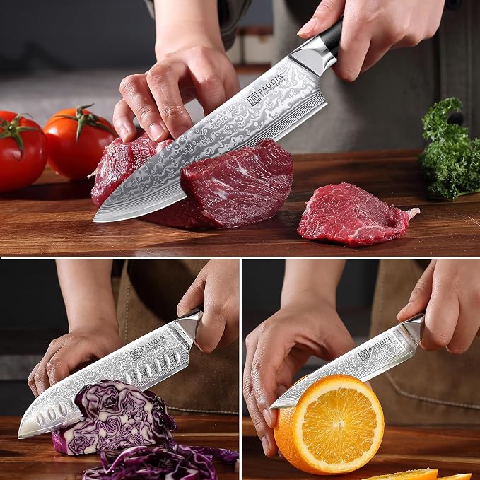 PAUDIN Damascus Knife Set 3 PCS, Japanese VG10 Steel Core, Ultra Sharp Chef Knife Set, Full Tang G10 Handle, Damascus Kitchen Knives