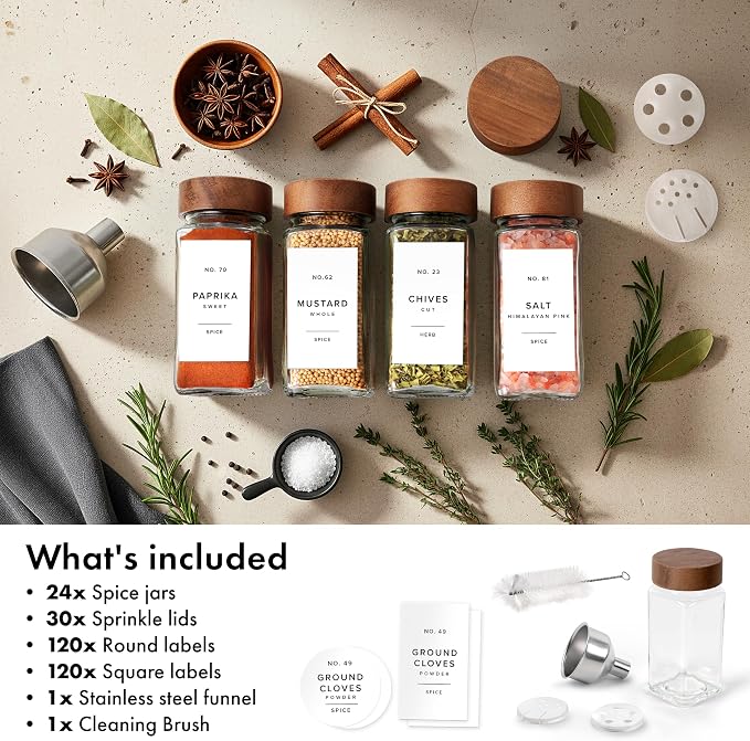EDELHAUS® Square Spice Jars with Acacia Wooden Lid (Pack of 24) Spice Jars with Shaker Insert and 240 Labels - Acacia Lids Glass Container for Spice Organisation [4.3 in × 1.8 in]