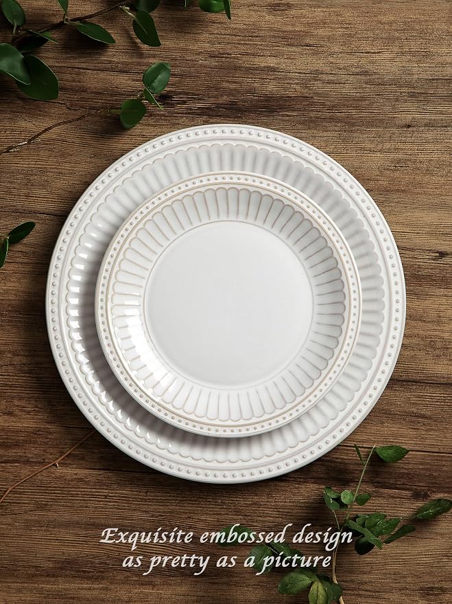 Famiware Garden 12-Piece Embossed Plates and Bowls Sets, Stoneware Reactive Glaze Dishes Dinnerware Set, Modern Rustic, Chip & Scratch Resistant, Microwave & Dishwasher Safe, Service for 4, White