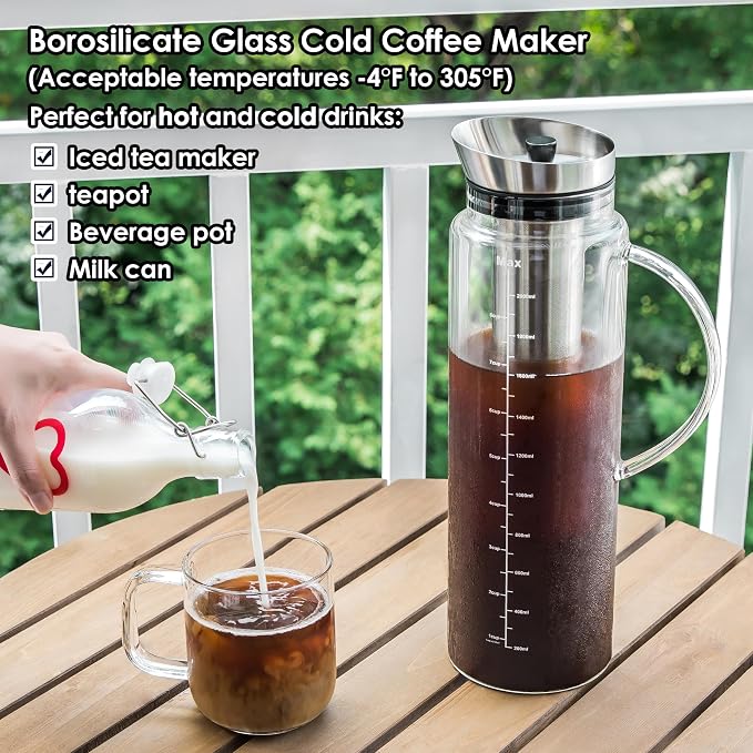 Aquach 68oz Cold Brew Coffee Maker, Extra Tall Glass Pitcher for Iced Tea | Dishwasher Safe, Borosilicate Glass, Up to 2 Weeks Fresh Aroma, 304 Stainless Filter, Office & Home