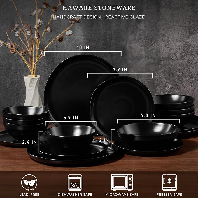 HaWare Plates and Bowls Set, Stoneware Dinnerware Sets, 16-Piece Hand-painted Dishware for 4, Ceramic Dish Set for Home Kitchen, Scratch Resistant, Microwave and Dishwasher Safe, Matte Black