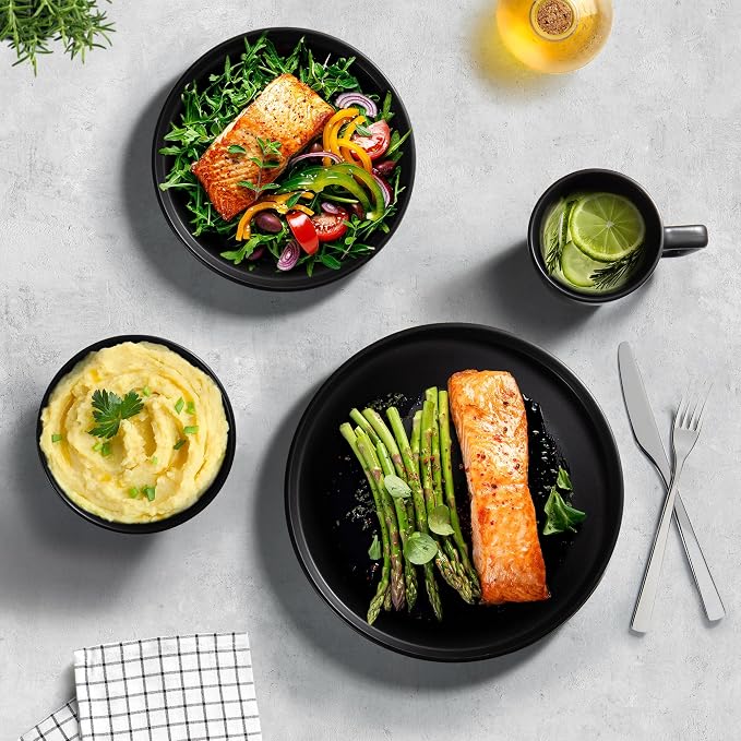 Zulay Kitchen Terra Plates and Bowls Sets, 16 Piece Modern Stoneware Dish Set for 4, Chip and Scratch Resistant Ceramic Dinnerware Set, Microwave and Dishwasher Safe, Matte Black