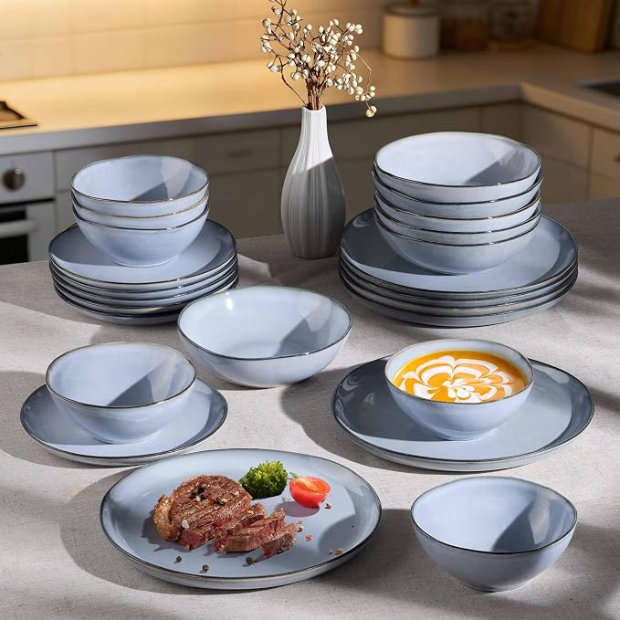 Herogo Stoneware Dinnerware Sets for 6, 24 Piece Ceramic Dinner Dishes Set, Irregular Handmade Plates and Bowls Dishware, Crack and Scratch Resistant, Reactive Glaze, Smoky Blue