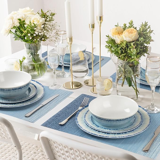 AELS Melamine Dinnerware Set of 12 Pcs Dinner Dishes Set with 4 Placemats for Indoor and Outdoor Use, Dishwasher Safe, Lightweight Unbreakable, BPA Free, Light Blue