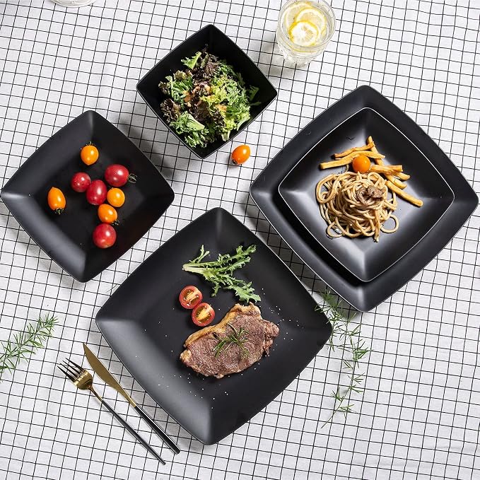 Melamine 12pcs Classic Square Dinnerware Set, Concise Plates and Bowls Set, Service for 4, Dishwasher Safe Black