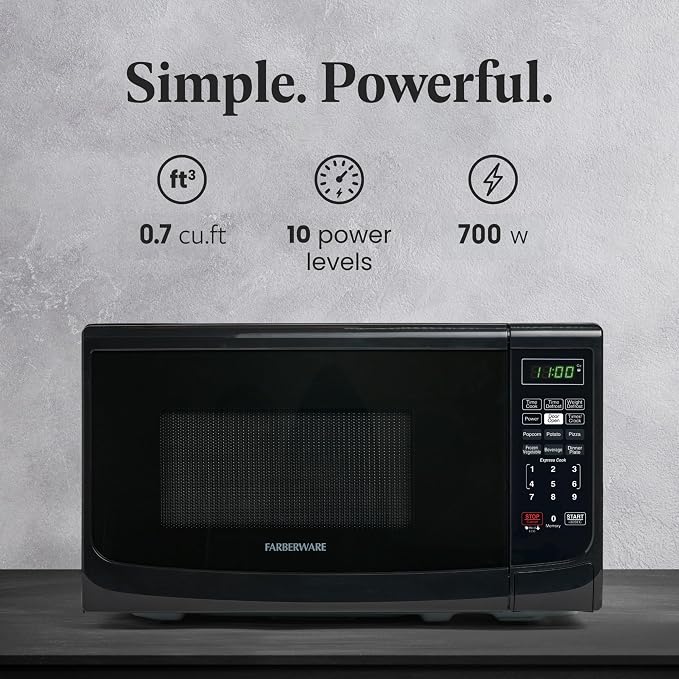 Farberware 0.7 Cu. Ft. Countertop Microwave Oven – 700 Watts Power, Auto Cook Settings, Defrost, Easy Clean and Child Safety Lock - Black