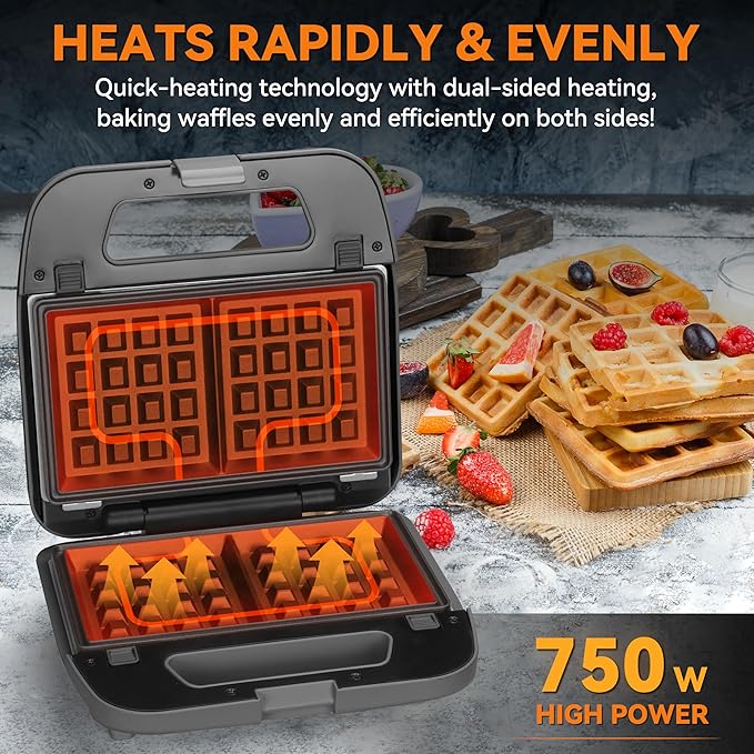 Baker’s Friend 3 in 1 Mini Waffle Maker with Removable Plates, Dual Waffle & Pancake and Grill Plates, Breakfast Sandwich Maker Press, Dishwasher Safe, Non-stick Coating, Graphite