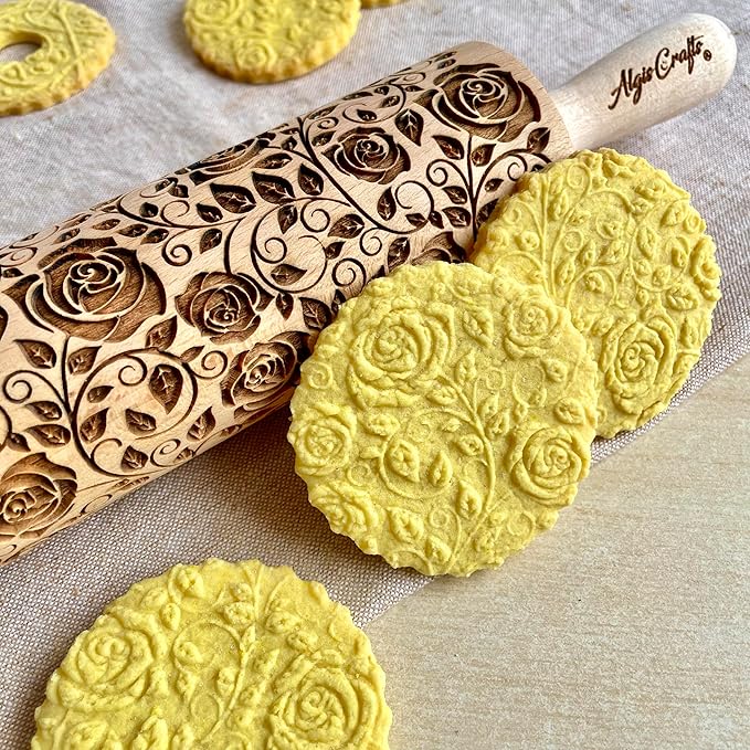 DAMASCUS ROSES Embossed Rolling Pin Wooden Embossing Dough Roller for Cookies and Ceramic by Algis Crafts