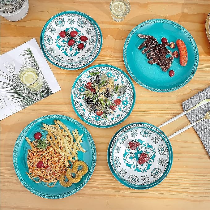 Webbylee Melamine Dinnerware Set，12-Piece Plate and Bowl Sets，Unbreakable Dish Set Service for 4–Dishwasher Safe&Lightweight Dishes,Green Dinnerware for Indoor/Outdoor Use, Gift